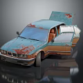 Old Rusty Car With Open Doors Showing Brown Interior And Weathered Blue Green Body