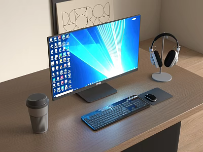 Modern Desktop Computer Setup With Monitor Keyboard Mouse Headphones And Coffee Cup On Wooden Desk 3d model