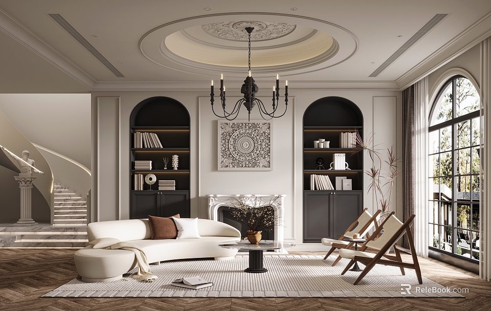 Classic Living Room Interior Design With Fireplace Arch Bookshelves White Sofa And Rattan Chairs 3d model 