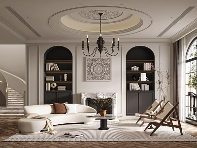 Classic Living Room Interior Design With Fireplace Arch Bookshelves White Sofa And Rattan Chairs 3d model