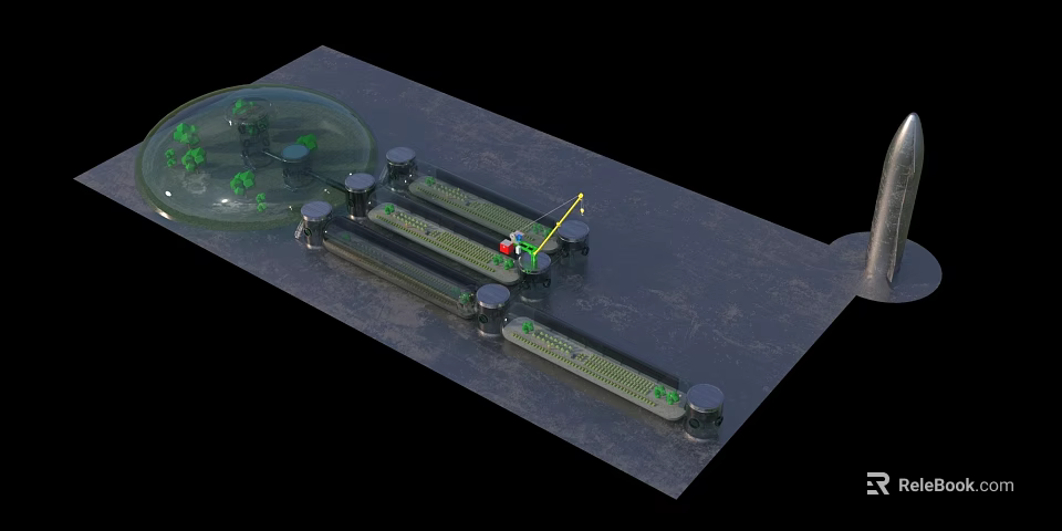 Experimental Eco System Setup With Transparent Dome Green Plants And Mechanical Arm 3d model 