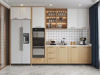 Modern Kitchen Interior With Wooden Wine Cabinet Built in Lighting White Cabinets And Appliances 3d model
