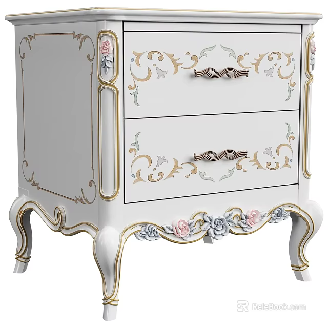 Ornate Classic Bedside Table With White Finish Gold Accents And Floral Carvings 3d model 