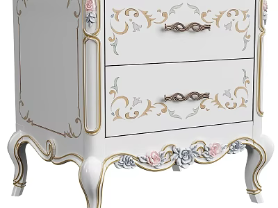 Ornate Classic Bedside Table With White Finish Gold Accents And Floral Carvings 3d model