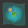 3D Island Scene With Green Plants Red Base White Clouds Small Boat And Blue Water