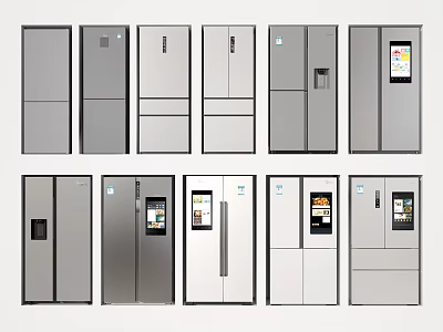 Variety of Modern Refrigerators and Freezers With Digital Screens and Stainless Steel Finish 3d model