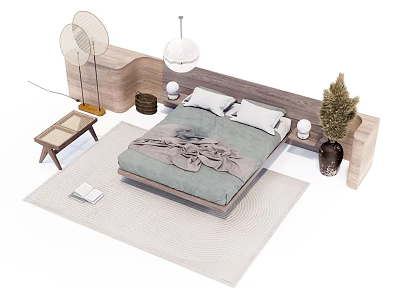 Modern Double Bed with Grey Bedding Wooden Frame Decorative Lamp Plant and Rug 3d model