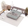 Modern Double Bed with Grey Bedding Wooden Frame Decorative Lamp Plant and Rug