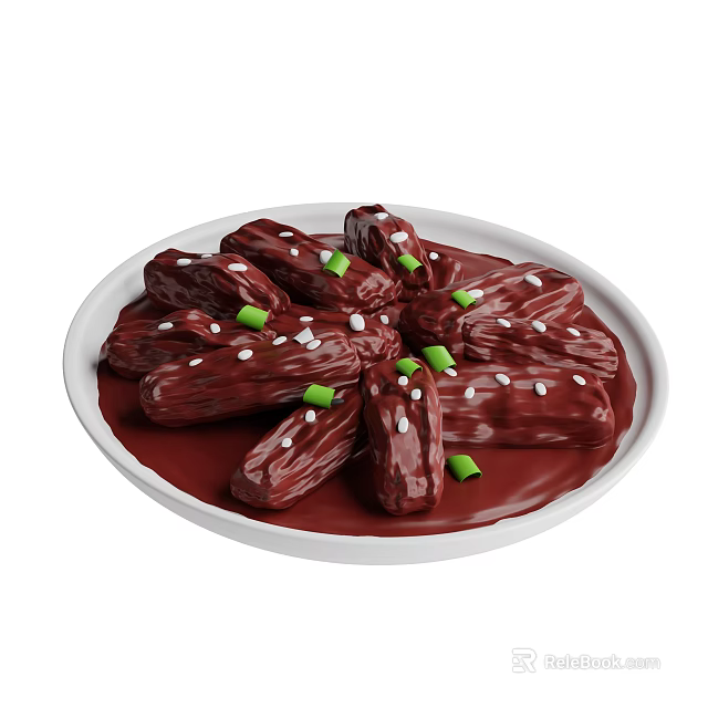 Delicious Saucy Braised Meat Strips Topped with White Sesame Seeds and Green Onions on White Plate 3d model 
