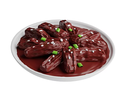 Delicious Saucy Braised Meat Strips Topped with White Sesame Seeds and Green Onions on White Plate 3d model