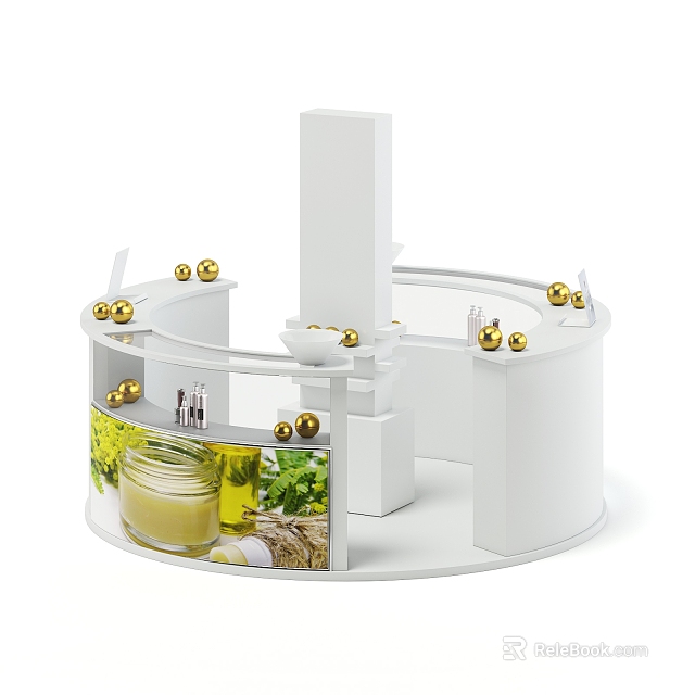 Elegant White Display Stand With Golden Decorative Balls Glass Jars And Green Plants 3d model 