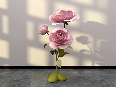 Decorative Floral Art Installation With Pink Roses Green Vase And Shadow Effects 3d model