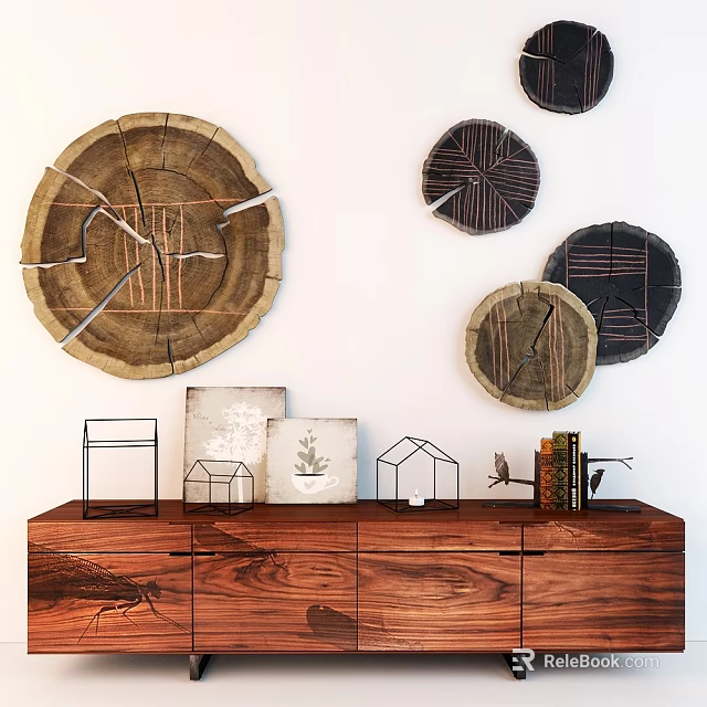 Wooden Console Cabinet In Entryway With Circular Wooden Wall Decor Geometric Ornaments And Books 3d model 