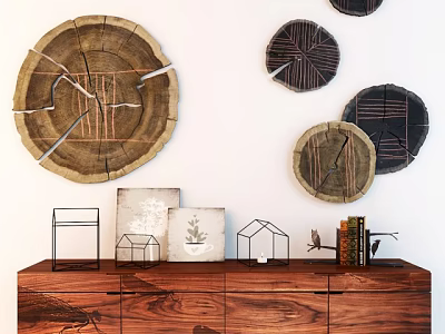 Wooden Console Cabinet In Entryway With Circular Wooden Wall Decor Geometric Ornaments And Books 3d model