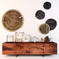 Wooden Console Cabinet In Entryway With Circular Wooden Wall Decor Geometric Ornaments And Books