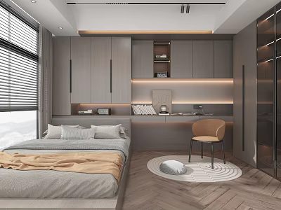 Modern Tatami Bedroom Interior With Gray Bedding Window Blinds Desk Chair And Herringbone Floor 3d model