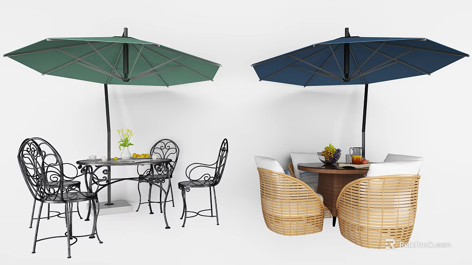 Outdoor Table Sets with Green Blue Umbrellas Metal Wicker Chairs and Decorative Flowers Fruits 3d model 