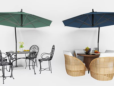 Outdoor Table Sets with Green Blue Umbrellas Metal Wicker Chairs and Decorative Flowers Fruits 3d model