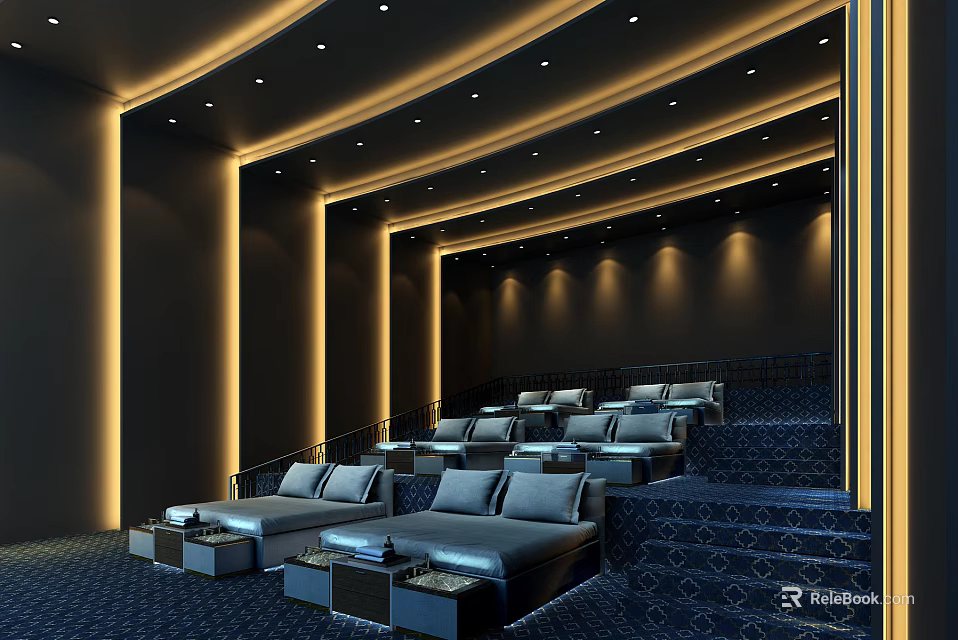 Modern Luxury Cinema Interior Design With Comfortable Seats And Tiered Lighting 3d model 