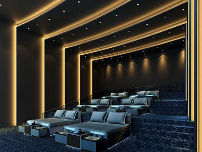 Modern Luxury Cinema Interior Design With Comfortable Seats And Tiered Lighting 3d model
