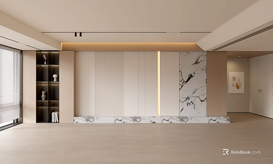Modern Elegant Living Room With Beige Marble Feature Wall And Wooden Storage Cabinets 3d model 
