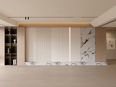 Modern Elegant Living Room With Beige Marble Feature Wall And Wooden Storage Cabinets 3d model