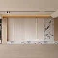Modern Elegant Living Room With Beige Marble Feature Wall And Wooden Storage Cabinets