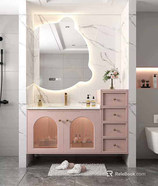 Pink Bathroom Cabinet with Lighted Mirror and Marble Wall Drawers and Toiletries on Counter 3d model 