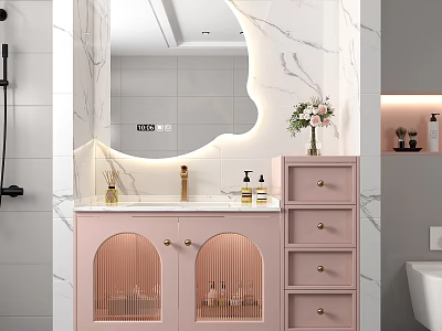 Pink Bathroom Cabinet with Lighted Mirror and Marble Wall Drawers and Toiletries on Counter 3d model