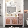 Pink Bathroom Cabinet with Lighted Mirror and Marble Wall Drawers and Toiletries on Counter