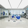Modern Service Hall Interior Design With Service Counter Computer Workstations Seating Area And Large Screen 3d model