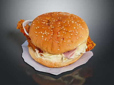 Hamburger With Sesame Seed Bun Fried Chicken Ham And Cheese On White Paper Dark Background 3d model
