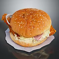 Hamburger With Sesame Seed Bun Fried Chicken Ham And Cheese On White Paper Dark Background