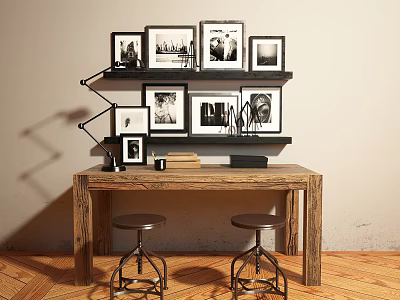 Wooden Desk With Two Stools And Wall Shelves Displaying Framed 3d model
