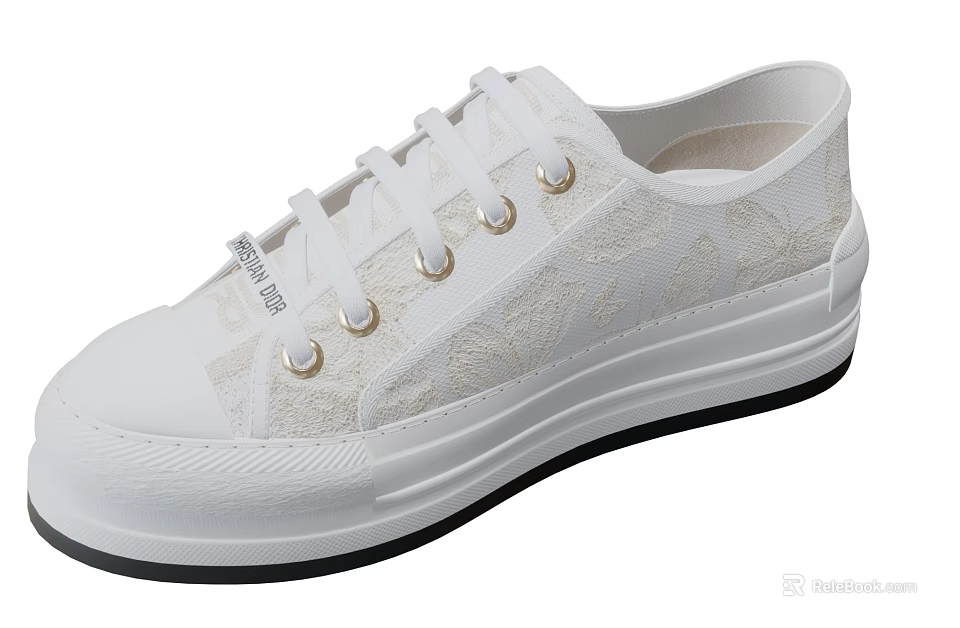 White Casual Shoes Featuring Gold Eyelets Patterned Upper And Thick Sole Design 3d model 