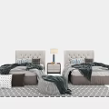 Double Beds With Upholstered Headboards Gray Black Bedding Nightstand Lamp Geometric Pattern Rug Woven Stool