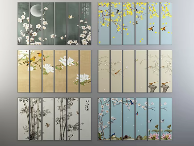 Traditional Chinese Plant Paintings with Plum Blossoms Bamboo and Birds on Multiple Panel Wall Art 3d model