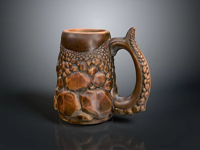 Brown Ceramic Mug With Rocky Surface Texture And Sculpted Handle Design 3d model