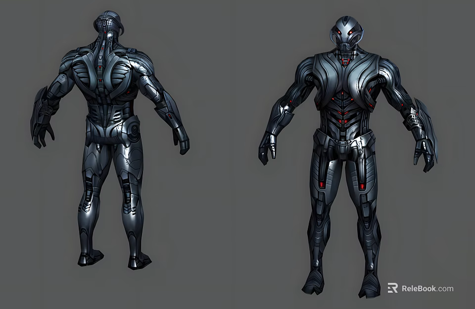 Game Movie Character Mechanical Armor Design Front Back View Metallic Texture Red Details 3d model