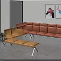 Orange Leather Double Sofa In Modern Interior With Yellow Accent Chair Ottoman And Wall Art