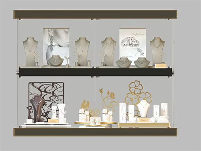 Elegant Jewelry Store Display With Glass Shelves Mannequins Tree Shaped Decor And Floral Patterns 3d model