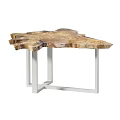 Natural Wooden Coffee Table with Unique Irregular Shape Black Metal Frame Legs and Decorative Spheres