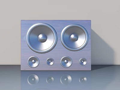 Modern Home Audio Speaker System With Wooden Panel And Silver Circular Speakers 3d model