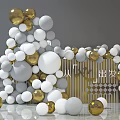 Gold White And Gray Spheres Stacked In Pyramid With Transparent Wine Glass And Geometric Panels