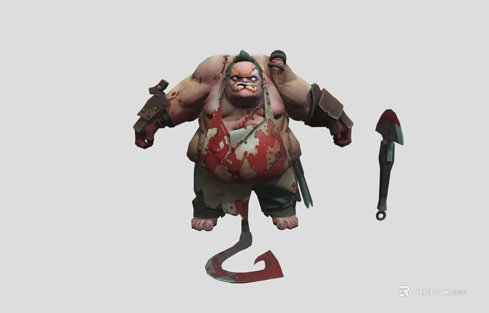 Muscular Man With Large Belly Bloody Apron Arm Armor And Hooked Knife 3d model 