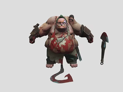 Muscular Man With Large Belly Bloody Apron Arm Armor And Hooked Knife 3d model