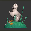 Cute 3D Cartoon Squirrel Model On Green Grass With Yellow Pink Flowers And Leaves