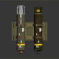 Brown Military Bombs With Yellow Stripes Straps On Mounting Stand And Labels