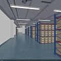Warehouse Interior With Blue Racking Cartons White Walls And Ceiling Lights 3d model