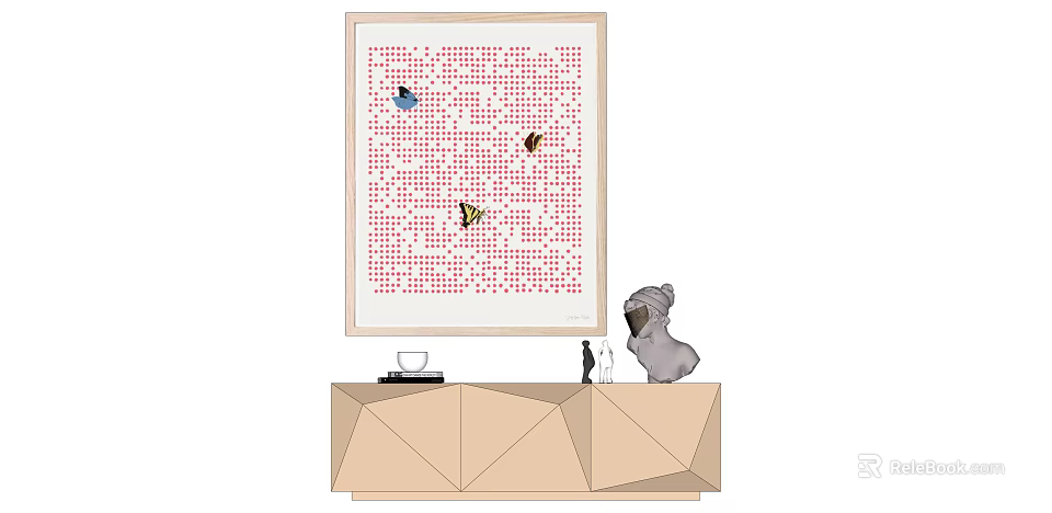 Animal Painting With Butterflies And Bees On Red Dot Background Wooden Frame Above Geometric Cabinet 3d model 